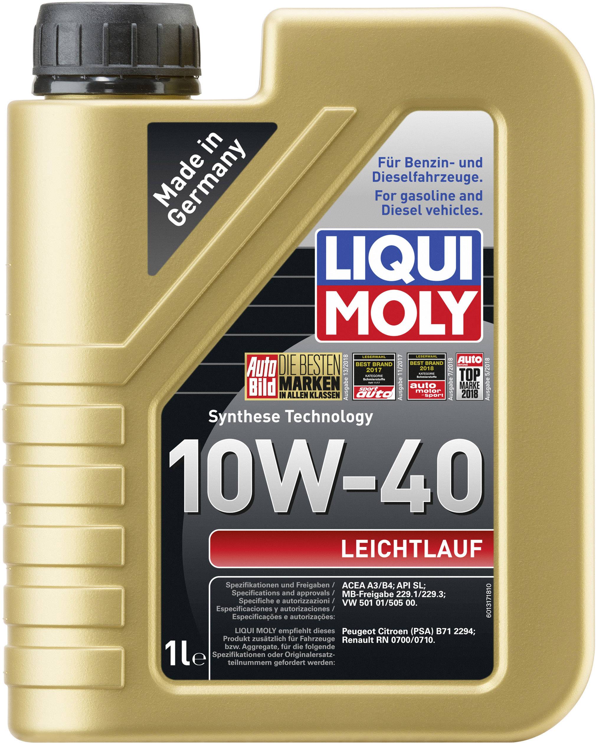 Une bouteille dorée d'huile moteur de la marque Liqui Moly. Inscription : '10W-40 LEICHTLAUF'. Convient aux véhicules à essence et diesel. Capacité de 1 litre.