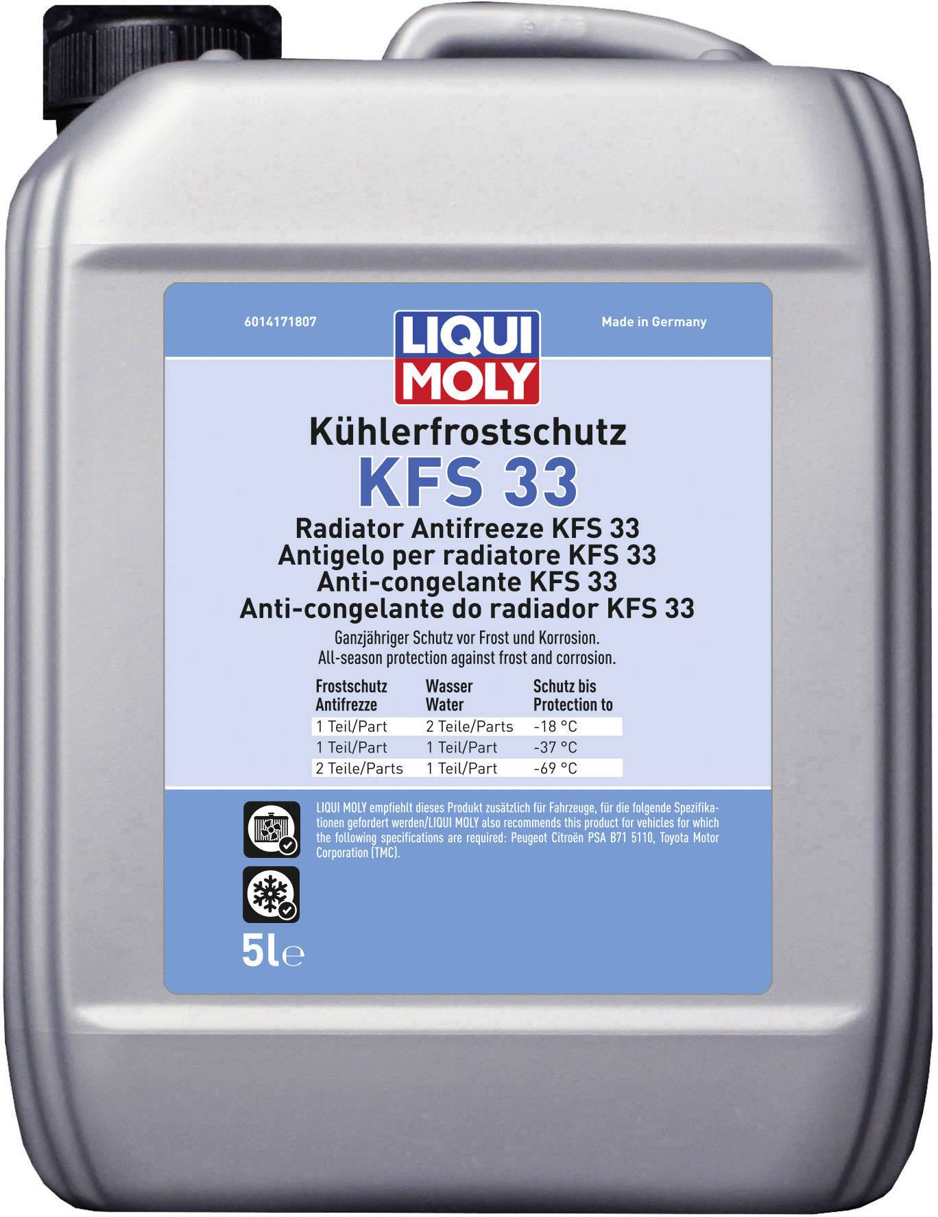 Une bouteille grise de 5 litres avec une étiquette 'Liqui Moly Kühlerschutz KFS 33', adaptée pour l'antigel et la protection anticorrosion des radiateurs.