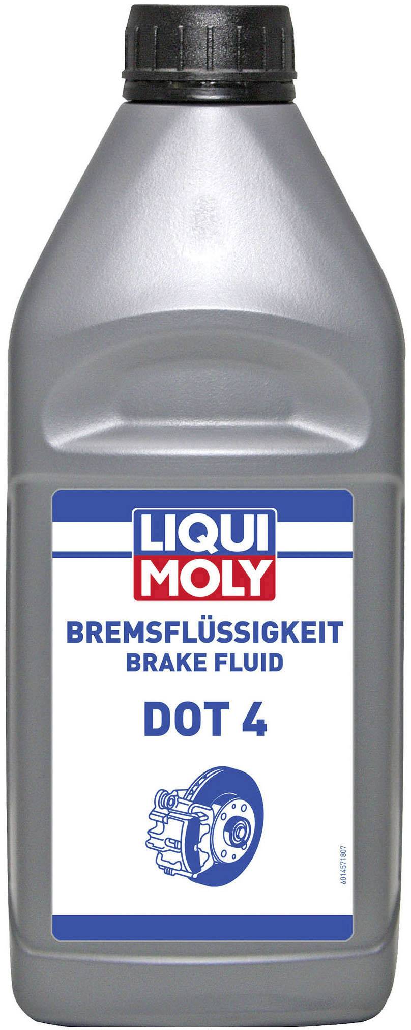 Une bouteille grise avec un bouchon noir, étiquetée 'LIQUI MOLY Liquide de frein DOT 4'. Principalement utilisée pour les véhicules automobiles.