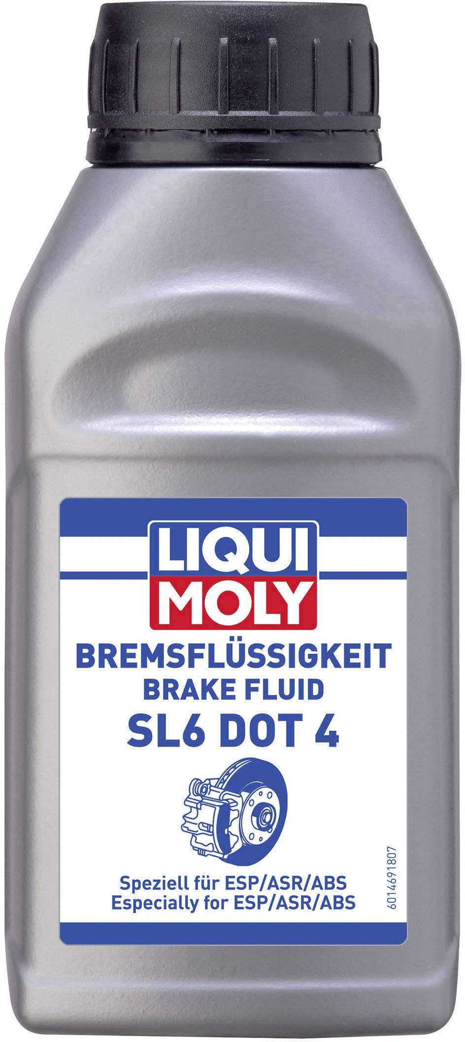 Une bouteille de liquide de frein de la marque Liqui Moly, SL6 DOT 4. Inscription : 'Spécialement pour ESP/ASR/ABS'.