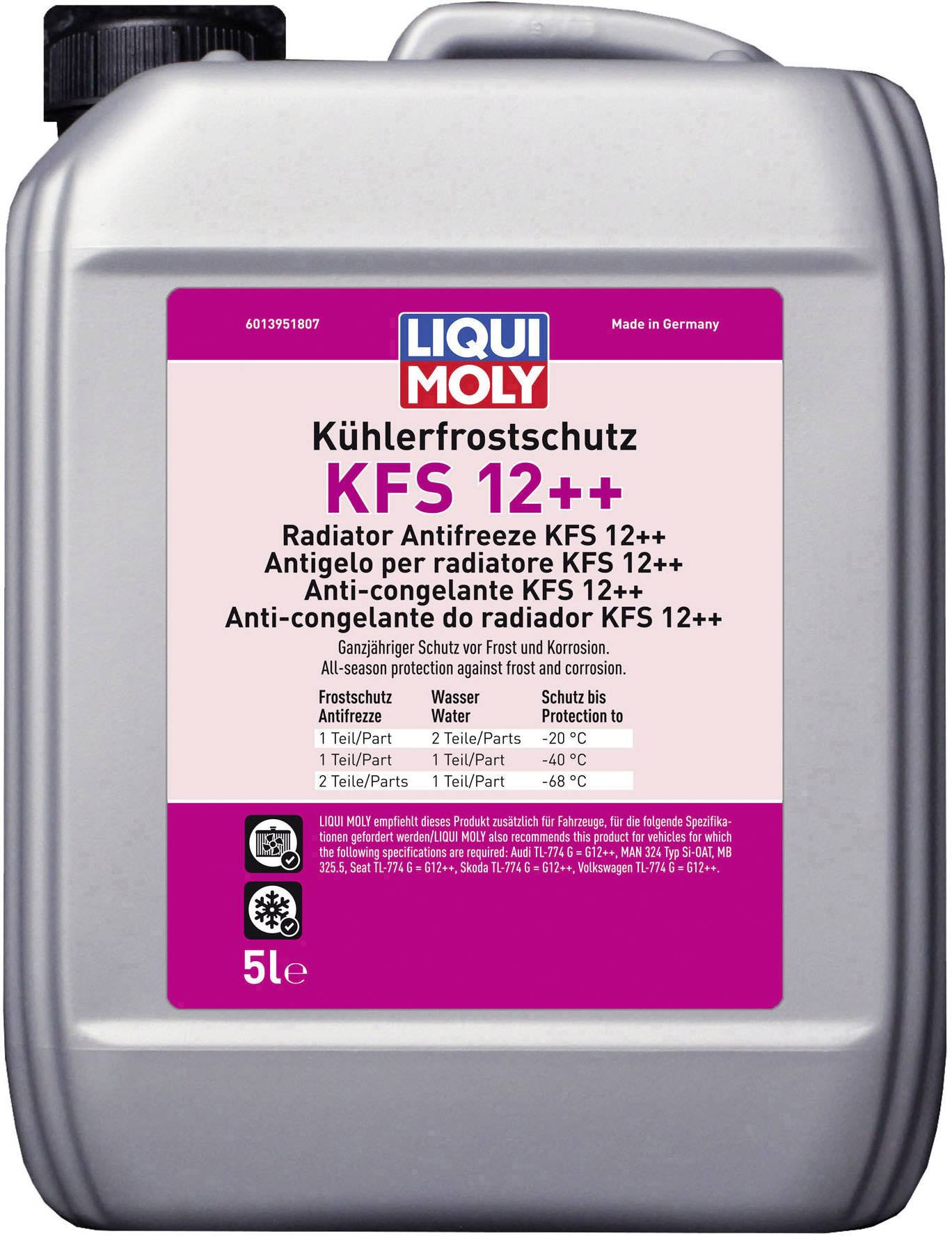 Bidon de liquide de refroidissement 'LIQUI MOLY' portant l'inscription 'KFS 12++'. Contient 5 litres d'antigel pour le circuit de refroidissement. Fabriqué en Allemagne.