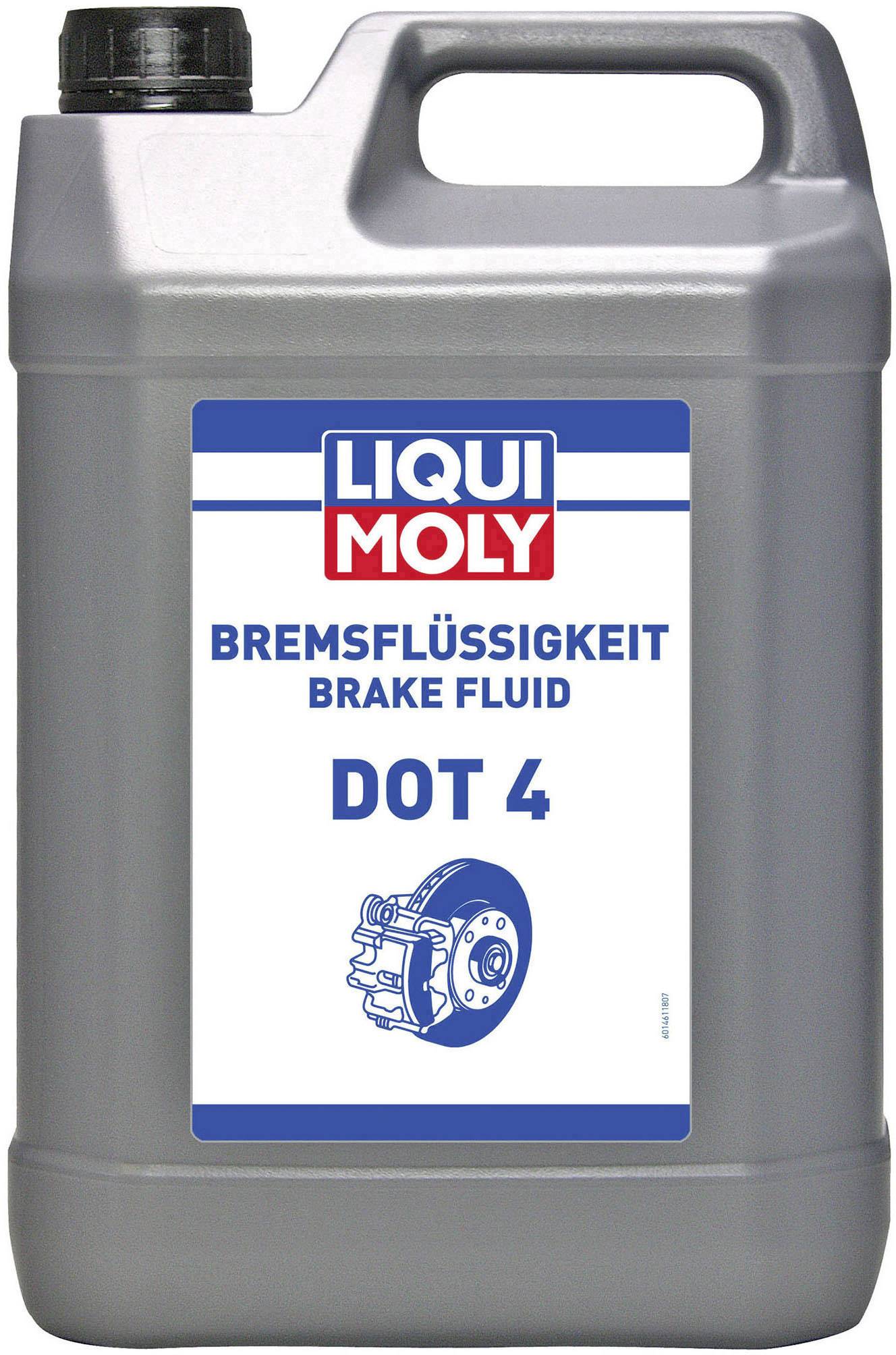 Bidon en plastique de liquide de frein de la marque 'Liqui Moly', inscription 'LIQUIDE DE FREIN DOT 4', illustration d'un disque de frein.