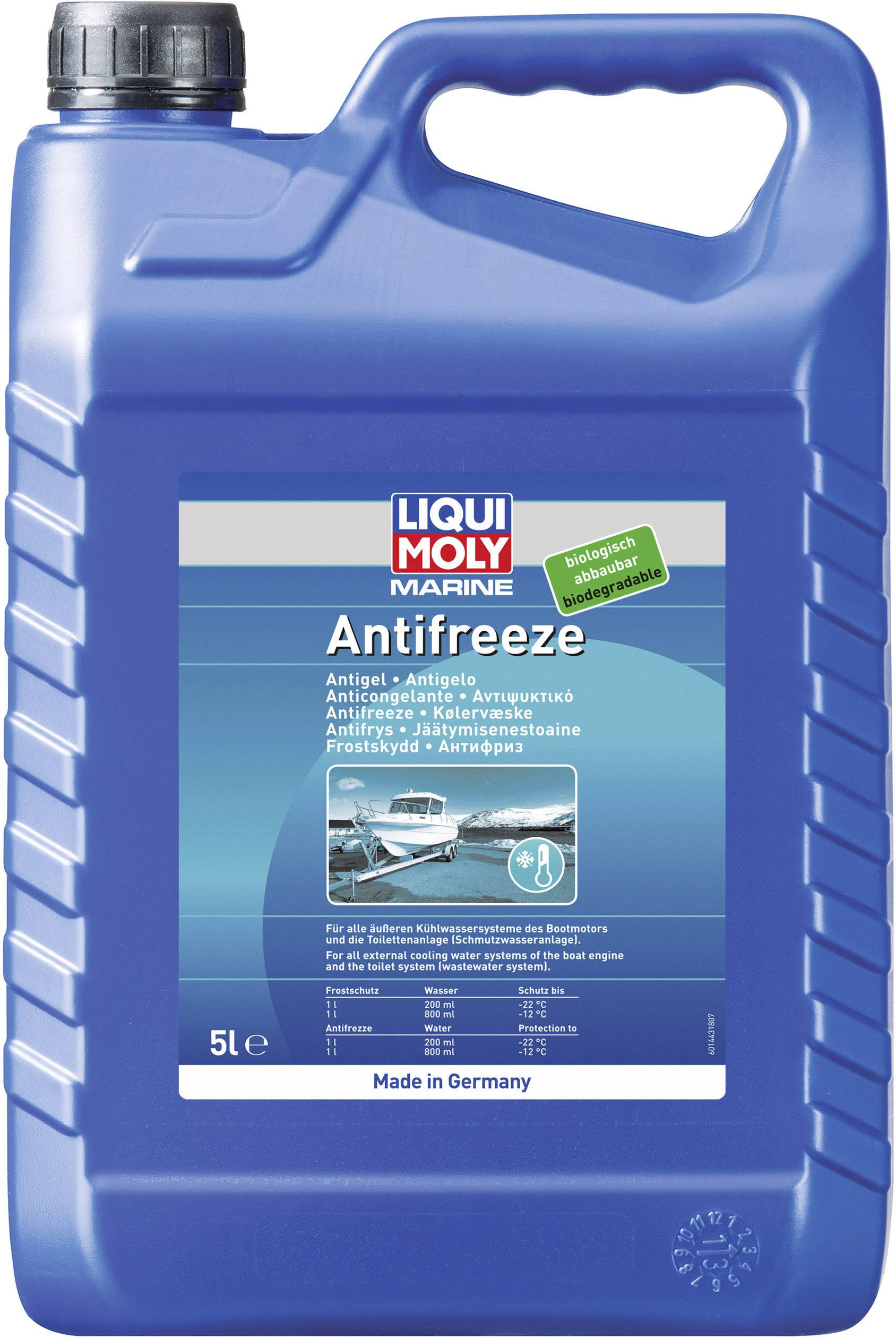 Bidon bleu de Liqui Moly Marine Antifreeze, 5 litres, avec mode d'emploi étiqueté et liquide bleu pour protection antigel.