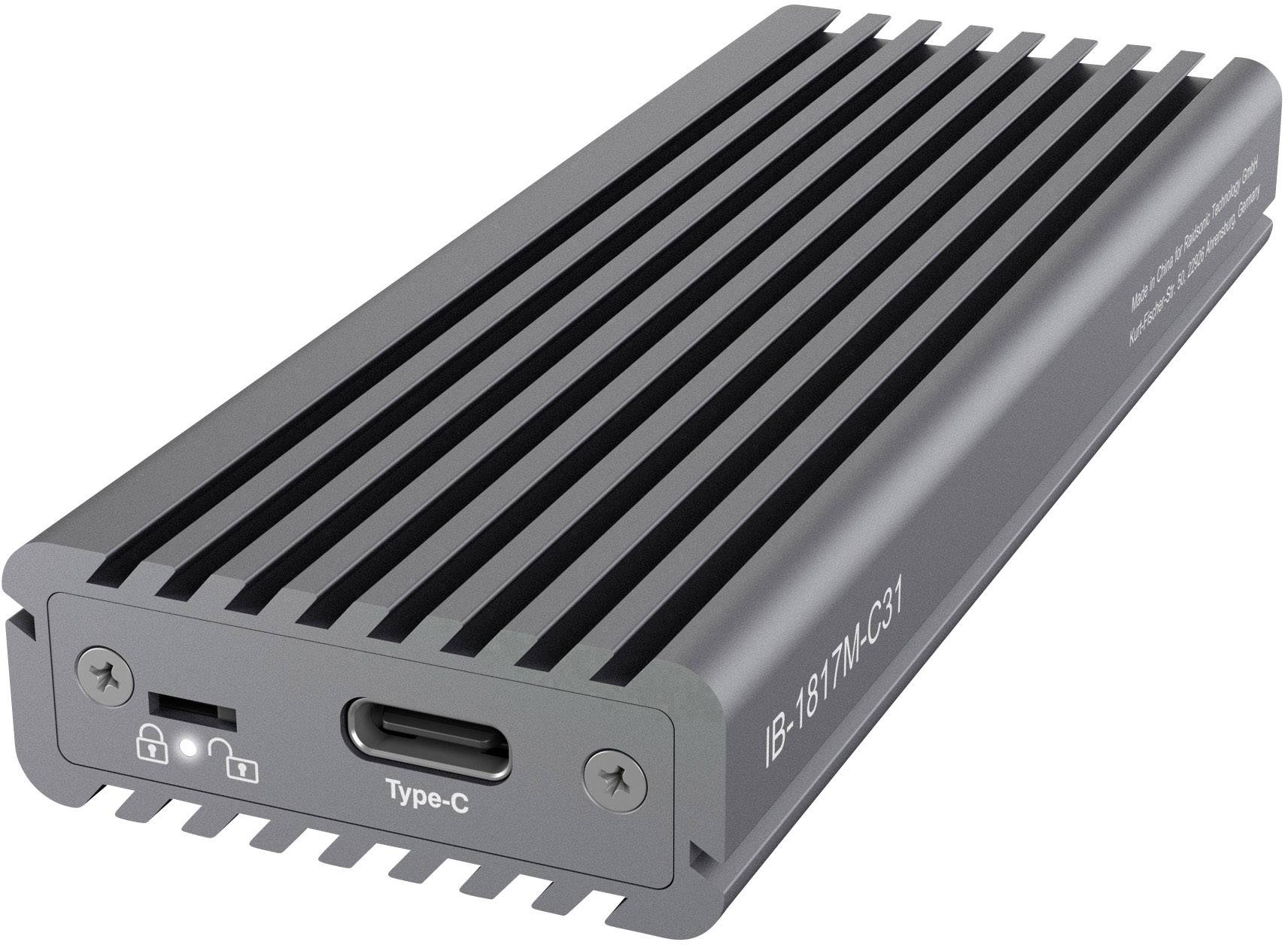 Boîtier NVMe externe avec ailettes de refroidissement en aluminium, connexion USB-C. Numéro de modèle : IB-1817M-C31.