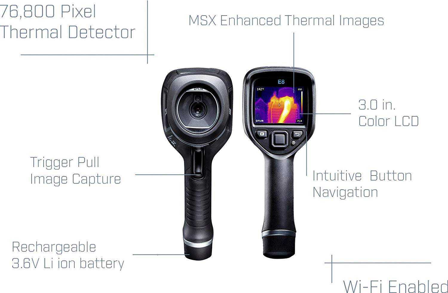 Une caméra thermique avec 76 800 pixels, écran LCD couleur de 3 pouces, images thermiques améliorées par MSX, navigation intuitive et compatible Wi-Fi.