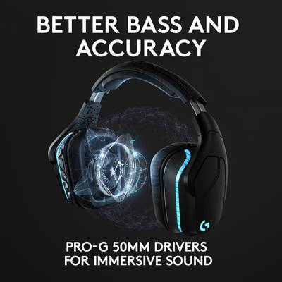 Casque audio au design noir et à la lumière bleue. Texte : 'Basses puissantes et son précis', 'Haut-parleurs Pro-G de 50 mm pour un son intense'.