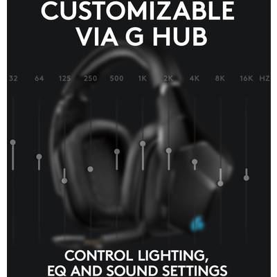Casque de jeu noir avec contrôle de l'éclairage, de l'EQ et du son via G Hub. Aperçu des réglages de fréquence en hertz.