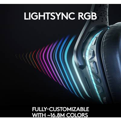 Casque audio avec éclairage RVB dans différentes couleurs. Texte : 'LIGHTSYNC RVB. Effets entièrement personnalisables avec ~16,8 millions de couleurs.'