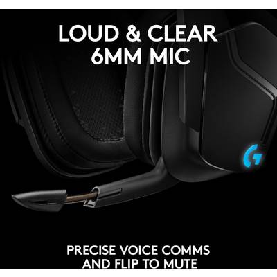 Casque de gaming noir avec microphone. Texte en haut : Fort et clair grâce au microphone de 6 mm. Texte en bas : Communication vocale précise et sourdine en relevant le micro.