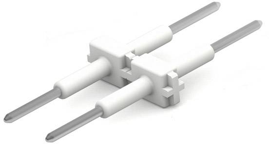 Deux épingles métalliques, côte à côte dans un boîtier en plastique blanc, avec des pointes à chaque extrémité, sur un fond blanc.