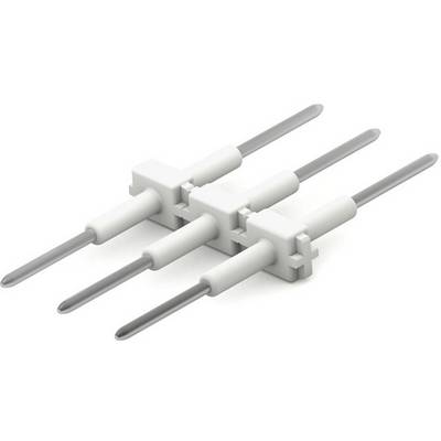 Quatre barrettes à broches blanches parallèles avec des pointes métalliques, utilisées dans l'électronique pour connecter des circuits imprimés.