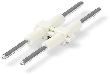 Deux éléments en plastique blanc avec des axes métalliques argentés disposés en parallèle, servant de pièce de jonction.