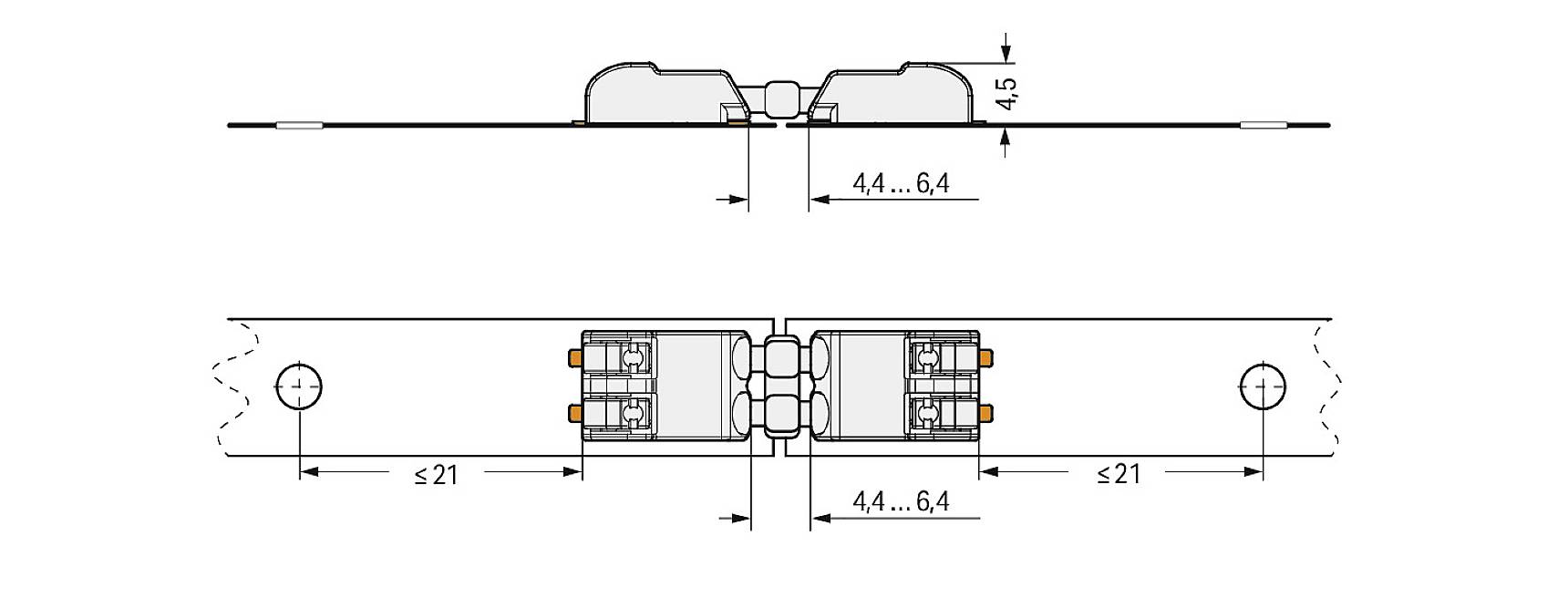 Dessin technique d'une charnière dissimulée avec dimensions : largeur 44...64 mm, profondeur 4,5 mm, écart latéral ≤21 mm.