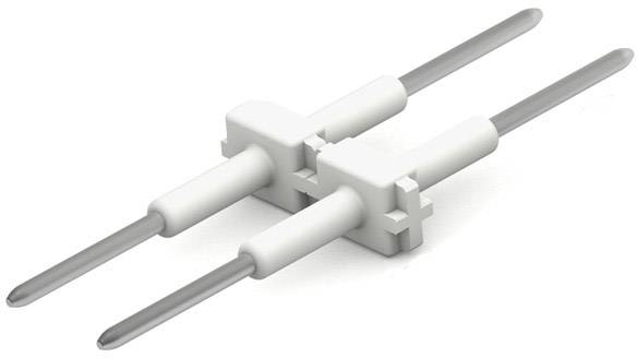 Deux chevilles blanches, parallèles, avec des extrémités pointues et des tiges cylindriques, utilisées pour la fixation murale.