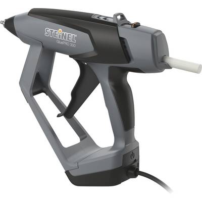 Un pistolet à colle chaude gris de la marque Steinel, modèle GluePRO 300, avec un câble électrique et un bâton de colle inséré.