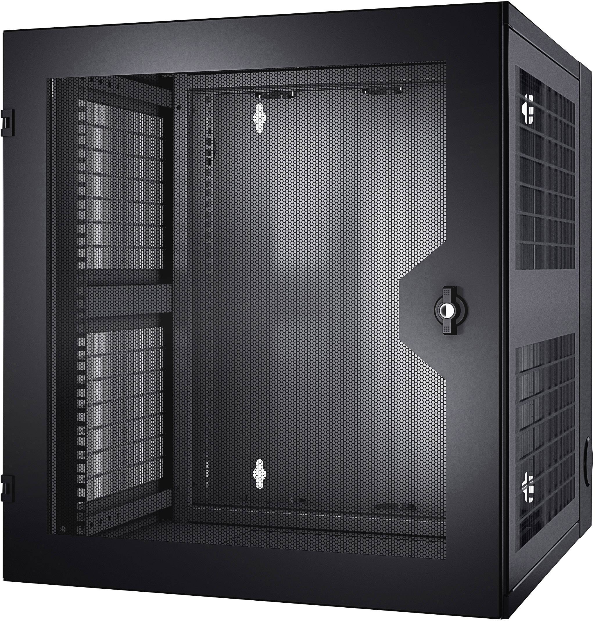 Armoire de serveur noire et vide avec portes et parois perforées ; adaptée à l'installation de matériel informatique dans les centres de données.