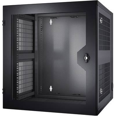 Armoire de serveur noire et vide avec portes et parois perforées ; adaptée à l'installation de matériel informatique dans les centres de données.