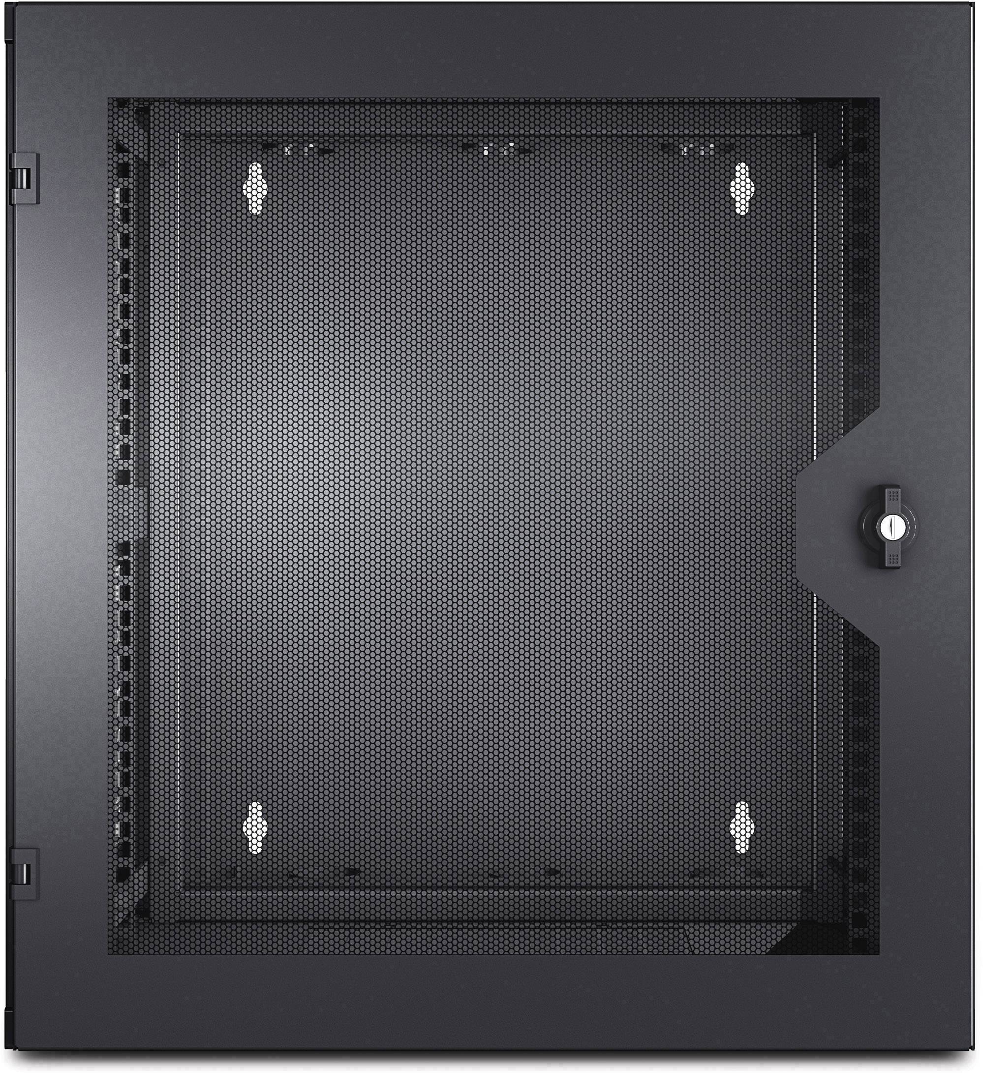 Répartiteur mural noir avec porte vitrée verrouillable. Adapté au stockage sécurisé des serveurs ou des équipements réseau dans les bureaux.
