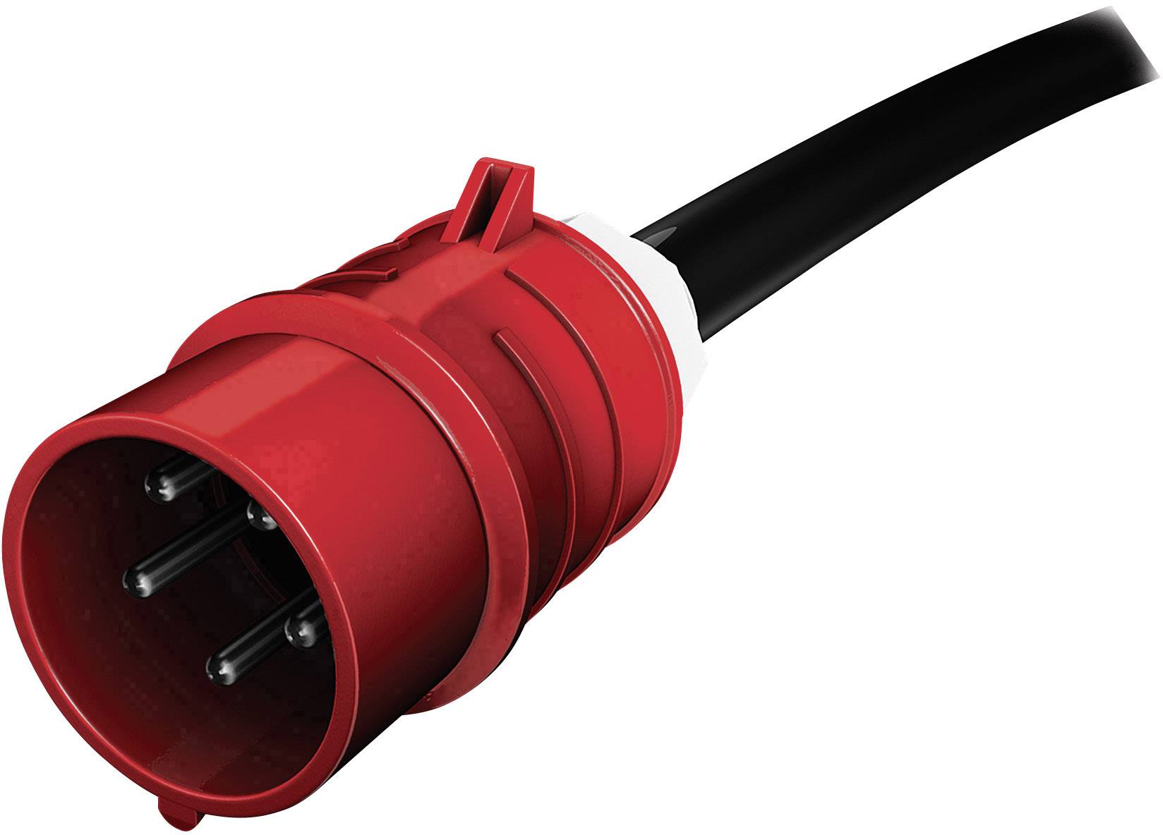 Fiche électrique tripolaire rouge avec câble noir, adaptée aux applications industrielles.