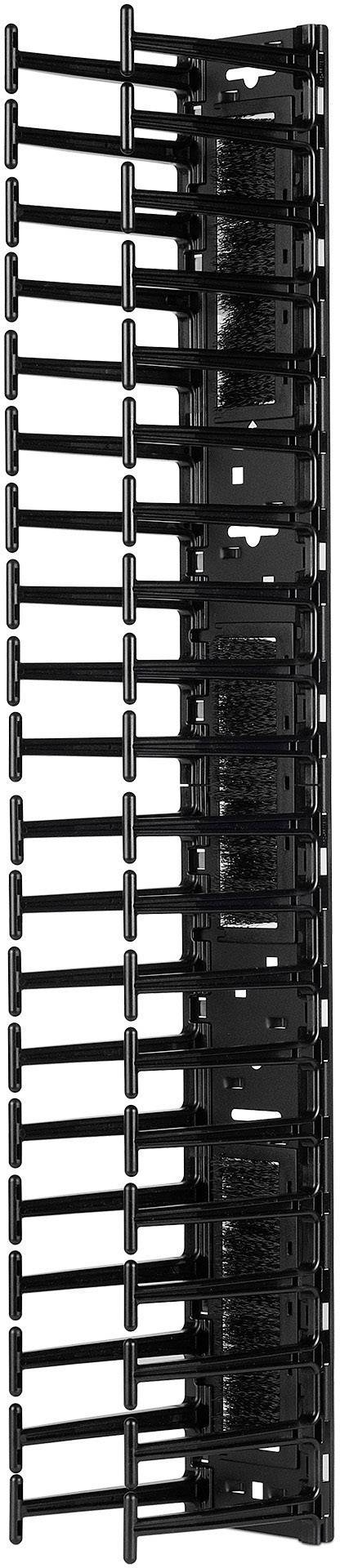 Organisateur de câbles noir en plastique à rangement vertical, adapté à la gestion des câbles dans les armoires serveur ou réseau.