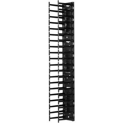Organisateur de câbles noir en plastique à rangement vertical, adapté à la gestion des câbles dans les armoires serveur ou réseau.