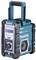 Radio de chantier en bleu et noir avec affichage numérique, haut-parleur et poignée de transport, compatible DAB+ et Bluetooth.