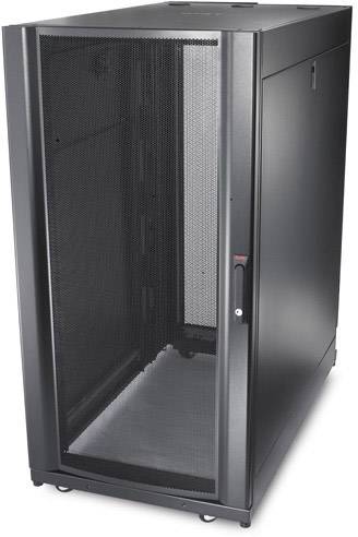 Un rack serveur noir et vide avec une porte vitrée dans un design moderne, adapté au stockage d'équipements informatiques.