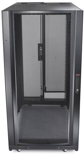 Un armoire de serveur noir avec des portes vitrées. Ces armoires offrent de l'espace pour l'équipement informatique et assurent une organisation efficace des câbles.