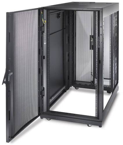 Armoire de serveur noir ouvert avec deux portes. Il offre un espace pour l'installation d'équipements électroniques informatiques.