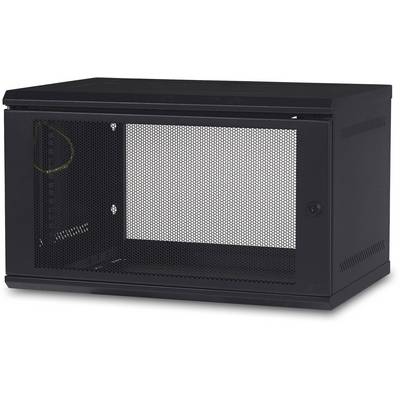Une armoire réseau murale noire avec une porte frontale perforée pour la ventilation.