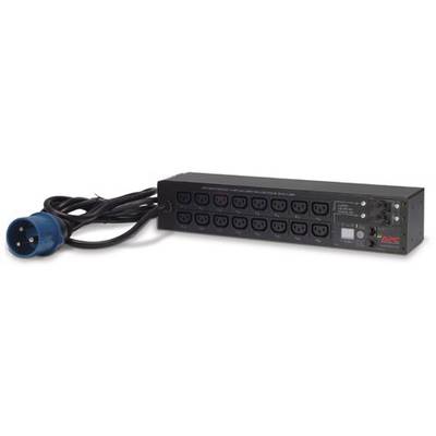 Un répartiteur électrique noir (PDU) avec une fiche d'alimentation bleue et plusieurs emplacements, utilisé pour la distribution de courant dans les environnements informatiques.