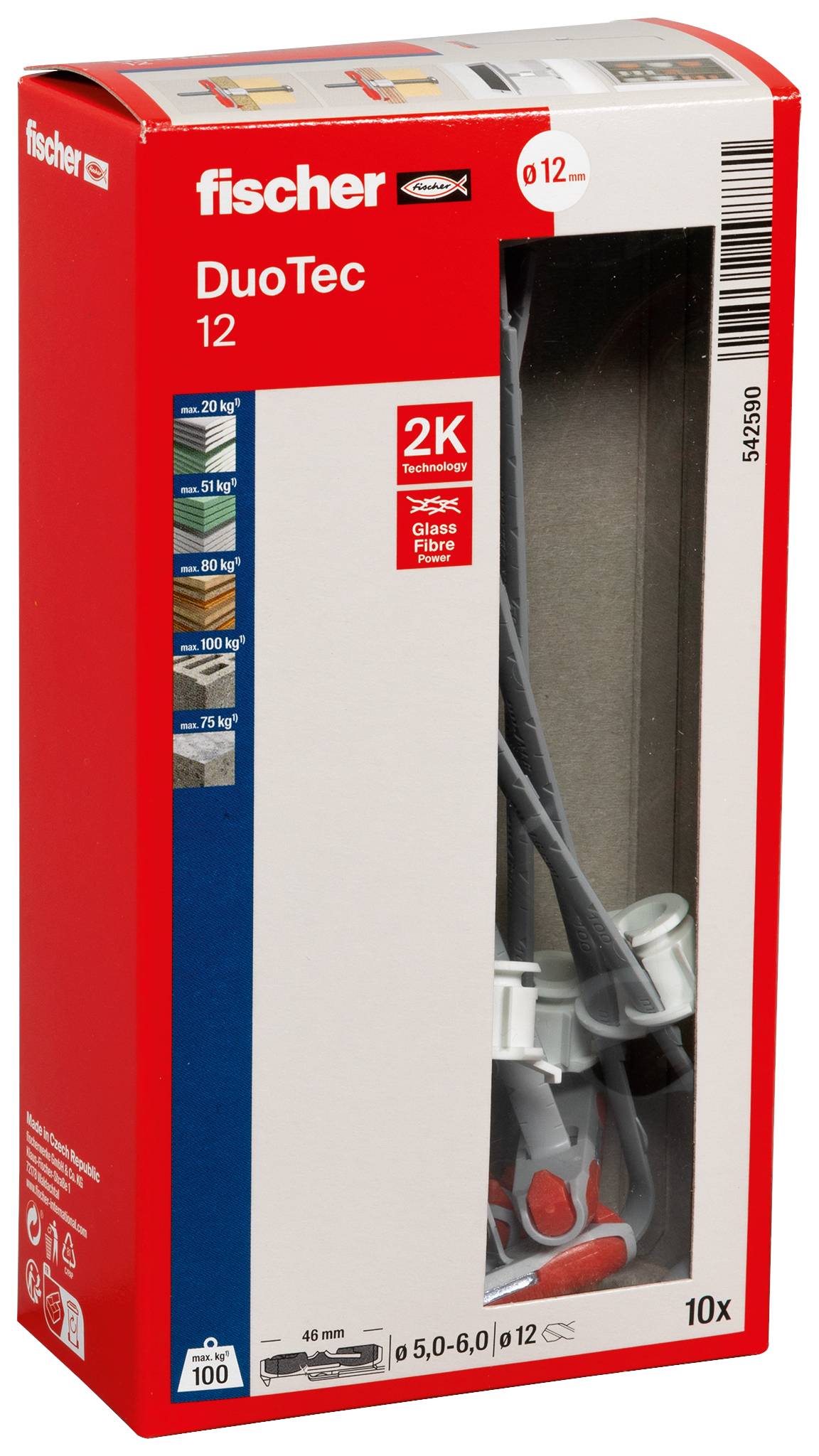 Boîte de fixations à bascule Fischer DuoTec 12 2K, emballage rouge et blanc avec fenêtre transparente montrant la quincaillerie incluse, étiquetée 10x.