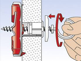 Illustration d'une cheville en cours d'insertion dans un mur. Une vis est serrée à la main, illustrant un processus de fixation.