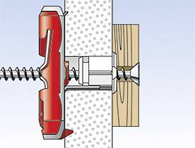 Un dessin technique d'un système de fixation : Une cheville rouge ancre une vis dans un mur, fixant une planche en bois.