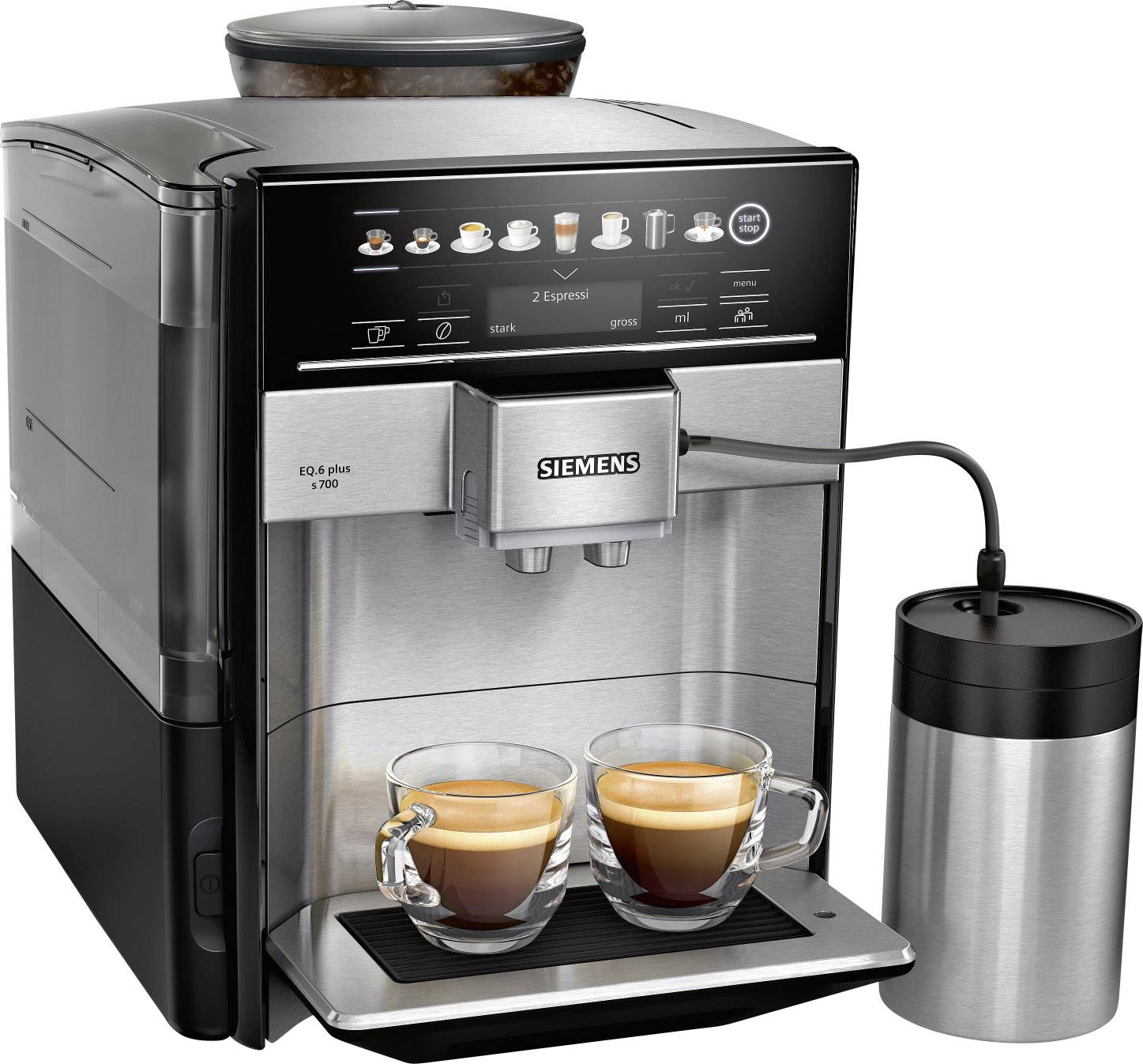 Machine à café moderne avec deux tasses placées en dessous. Elle présente des boutons numériques de sélection pour différentes spécialités de café.