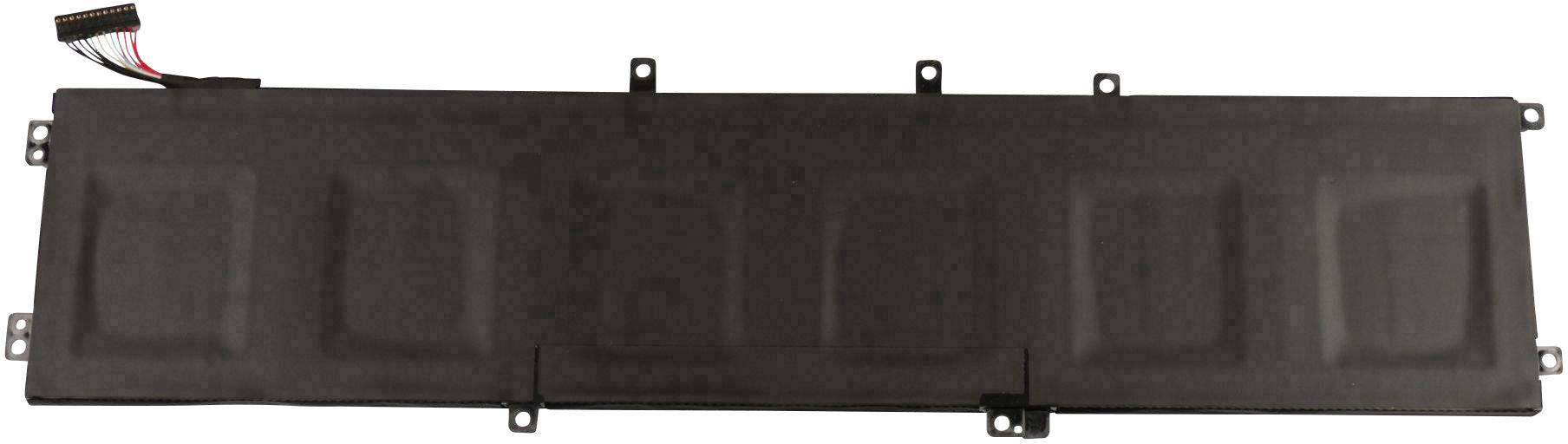 Batterie de remplacement pour ordinateur portable de forme rectangulaire, avec boîtier en plastique noir et câble de connexion en haut à gauche.