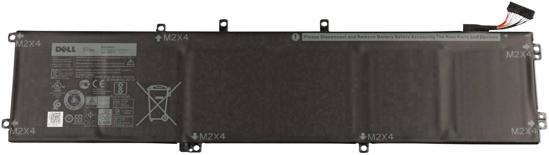 Batterie d'ordinateur portable noire avec logo de marque et spécifications techniques. Forme rectangulaire, plusieurs points de fixation par vis, connexion de câble colorée en haut à droite.