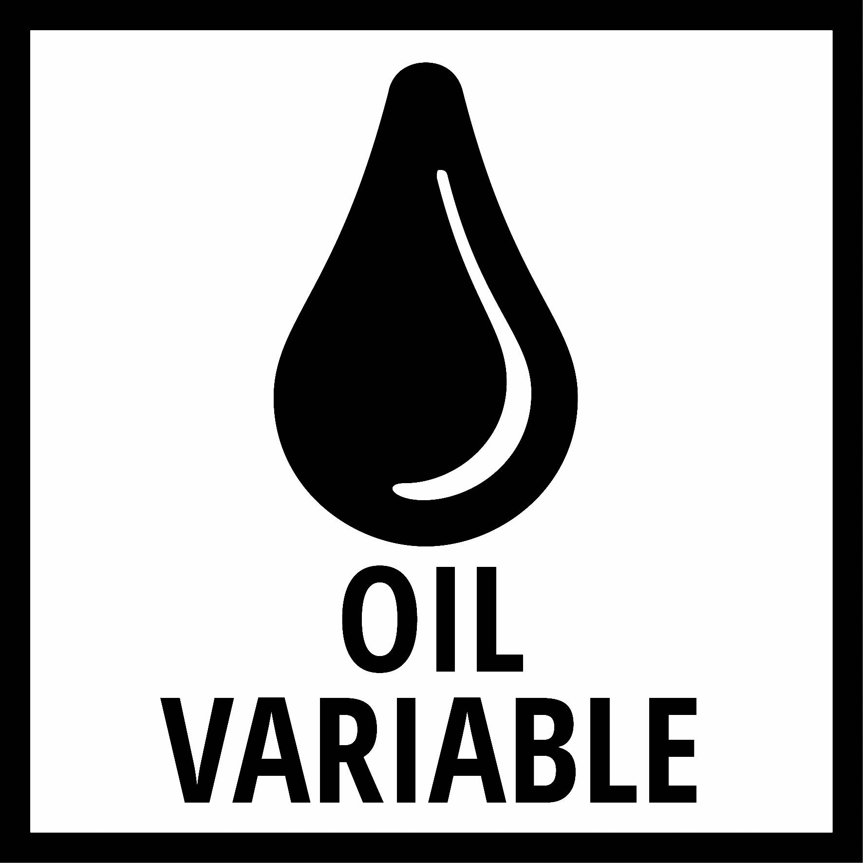 Un symbole noir représentant une goutte d'huile avec le texte 'OIL VARIABLE' en dessous.