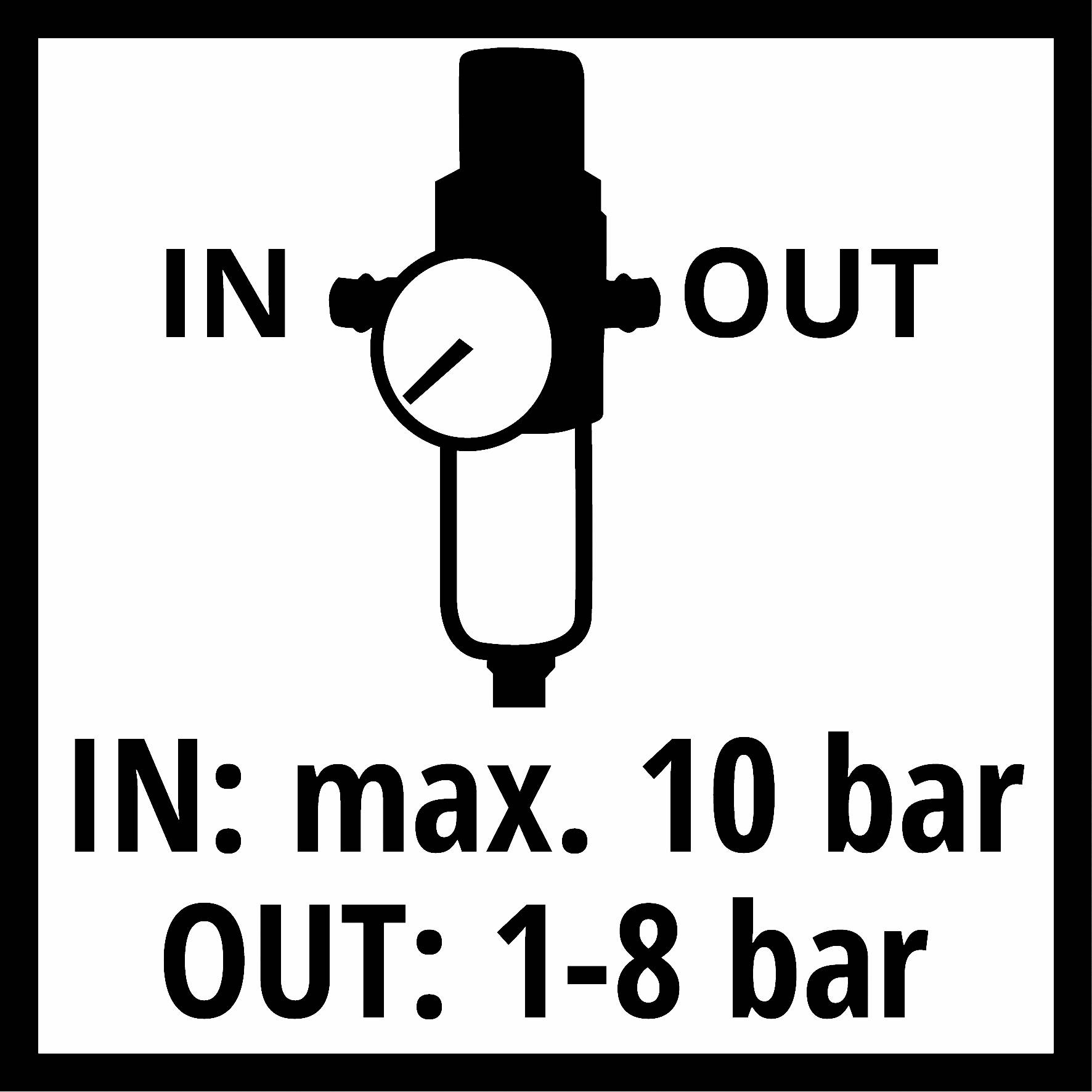 'IN' et 'OUT' représentés avec un régulateur de pression. Texte : 'IN : max. 10 bar, OUT : 1-8 bar'.