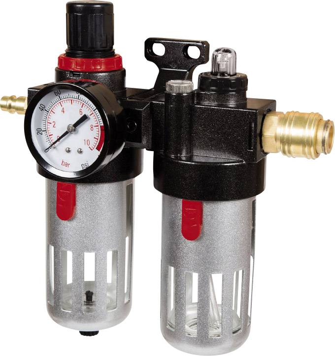 Unité de préparation d'air comprimé à double étage avec manomètre, deux séparateurs d'eau et raccords, adaptée pour la régulation de pression et la filtration.