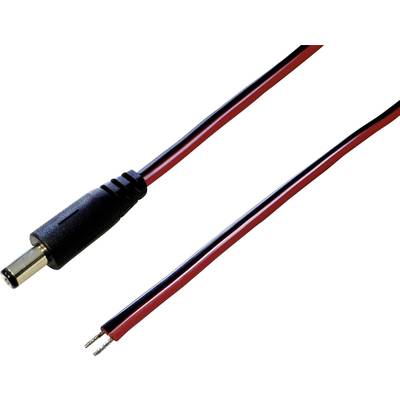 Câble électrique avec une fiche noire et deux conducteurs, l'un rouge et l'autre noir, à une extrémité ouverte.