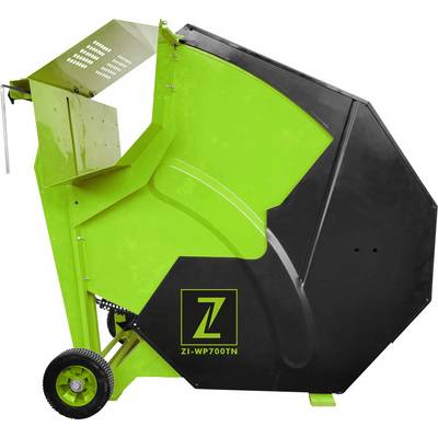 Scie circulaire à bois verte et noire avec deux roues et dispositif de commande. Numéro de modèle 'ZI-WP700TN' visible sur le côté.
