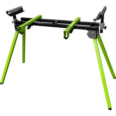 Support de scie à onglets Grüner à quatre pieds avec rails ajustables, adapté aux travaux du bois et aux coupes de précision.