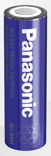 Une batterie rechargeable bleue en hydrure métallique de nickel portant l'inscription 'Panasonic' et un symbole de recyclage.