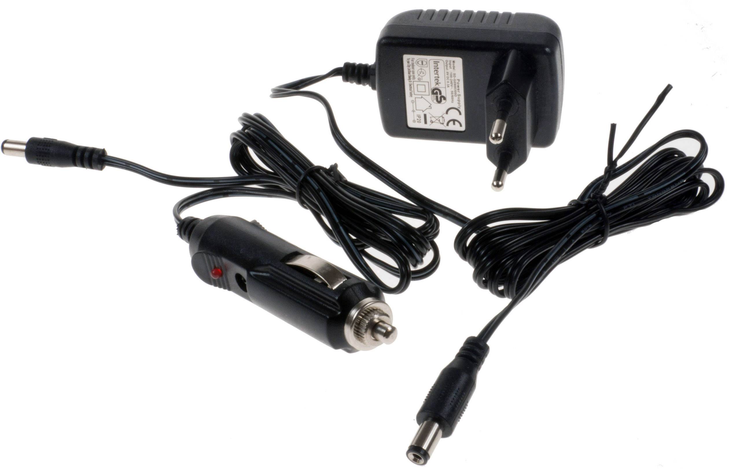 Adaptateur secteur avec deux fiches différentes : une pour la prise murale et une pour l'allume-cigare de la voiture.