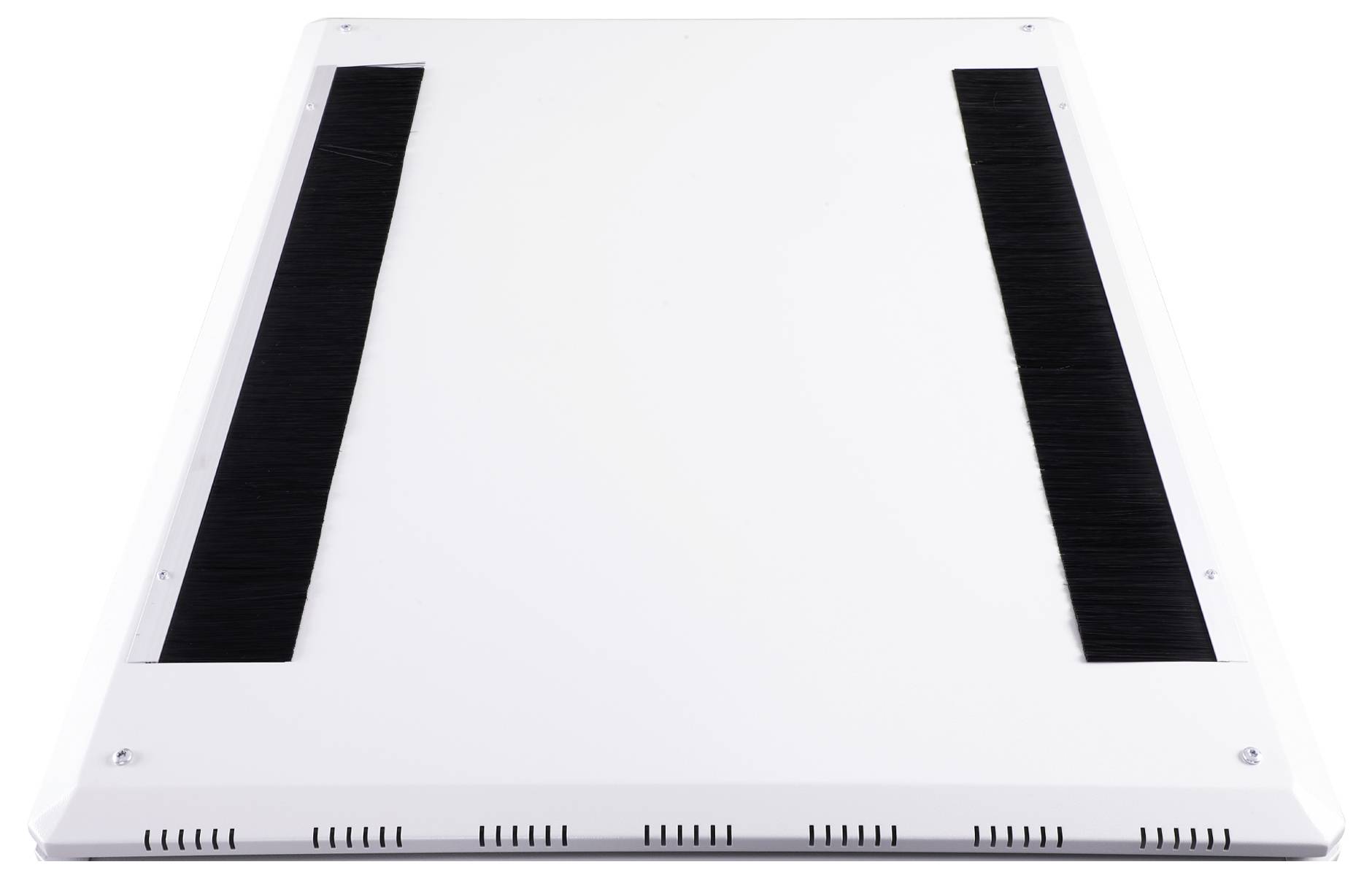 Un panneau rectangulaire blanc avec deux brosses noires parallèles au centre, intégré dans une structure blanche.