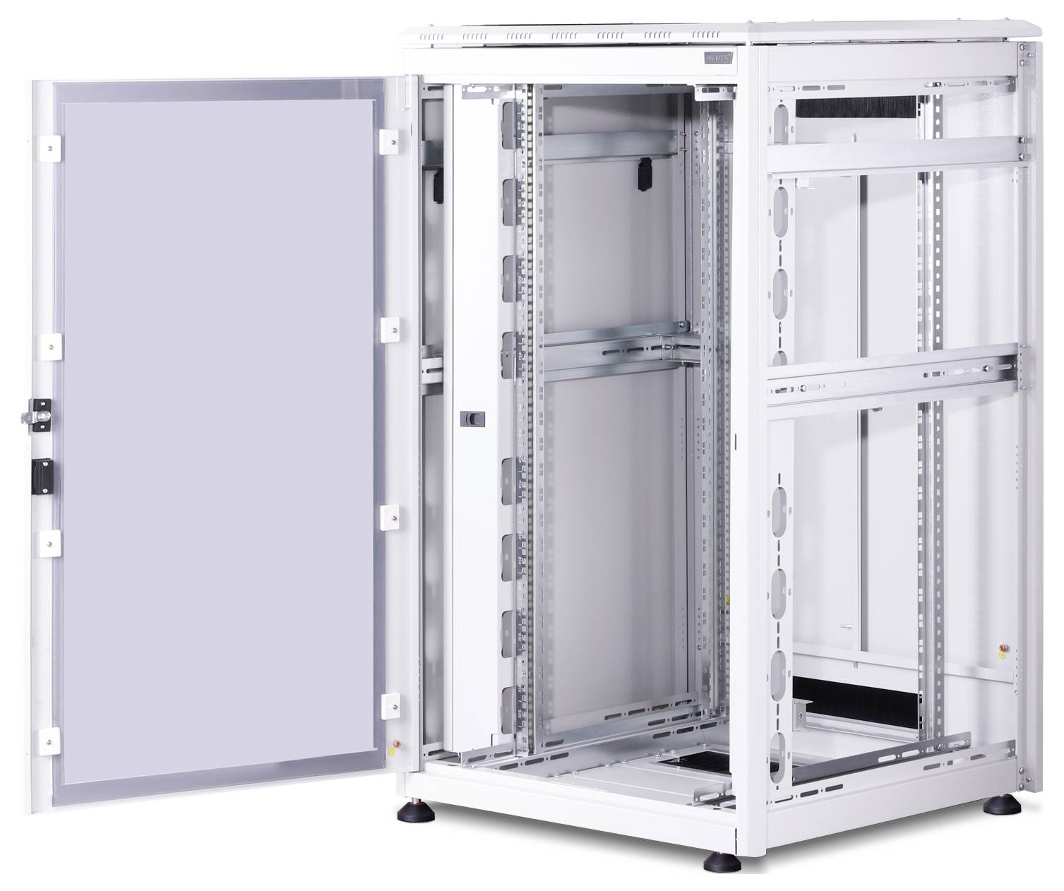 Armoire de serveur ouverte et vide, avec la porte avant retirée. Contient des rails pour la fixation de serveurs ou d'équipements réseau.