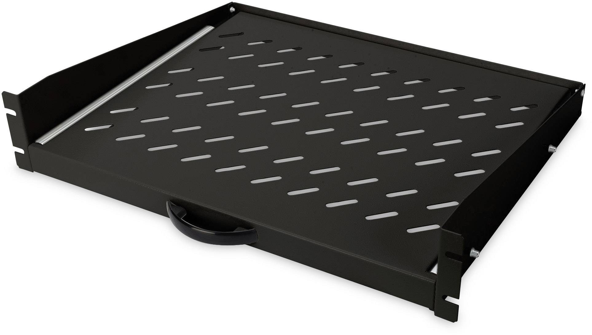 Un rack métallique noir perforé avec un tiroir, conçu pour être monté dans un rack serveur.