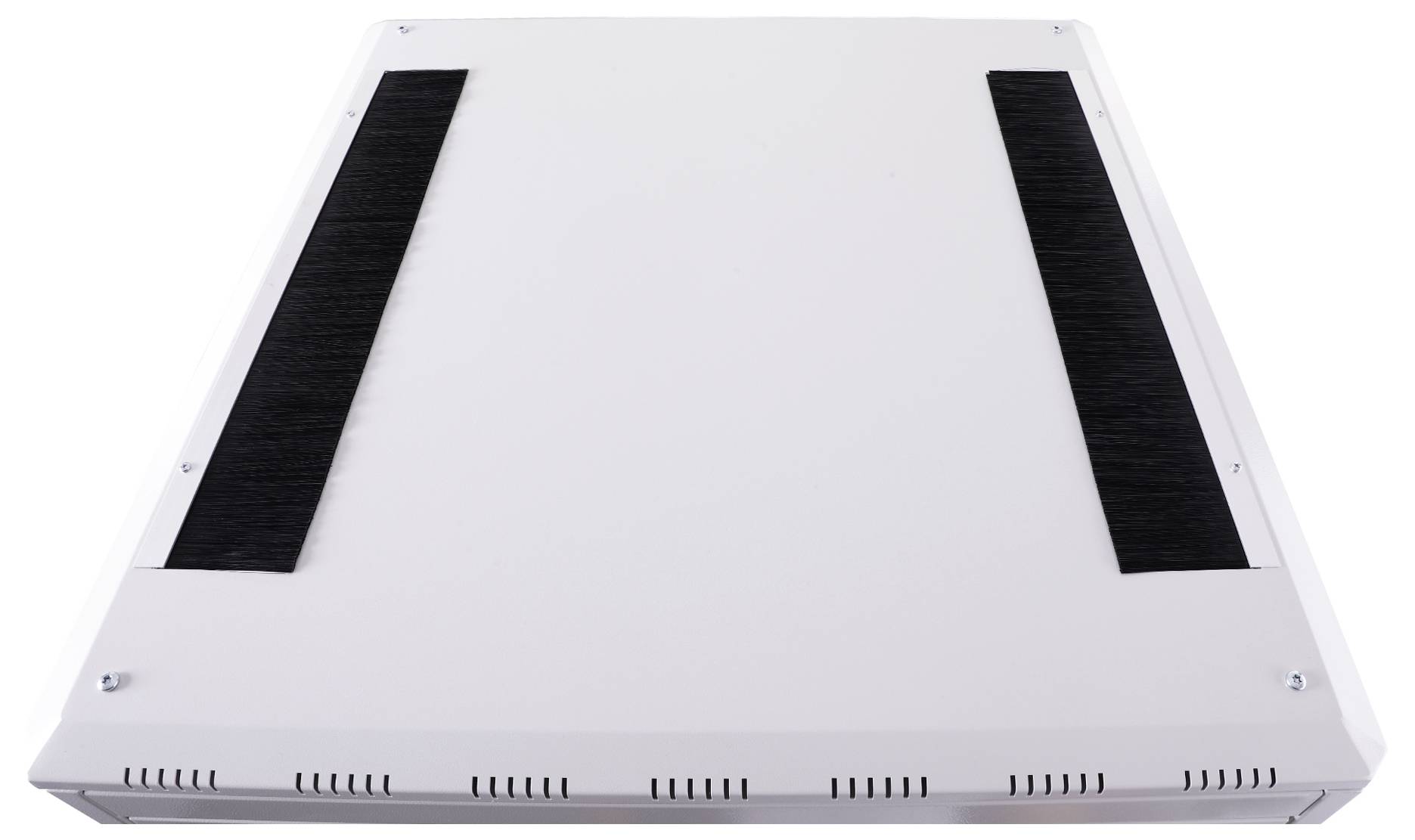 Un panneau rectangulaire blanc avec deux bandes noires sur les côtés. Il dispose de fentes de ventilation sur les bords et est prêt à fonctionner.