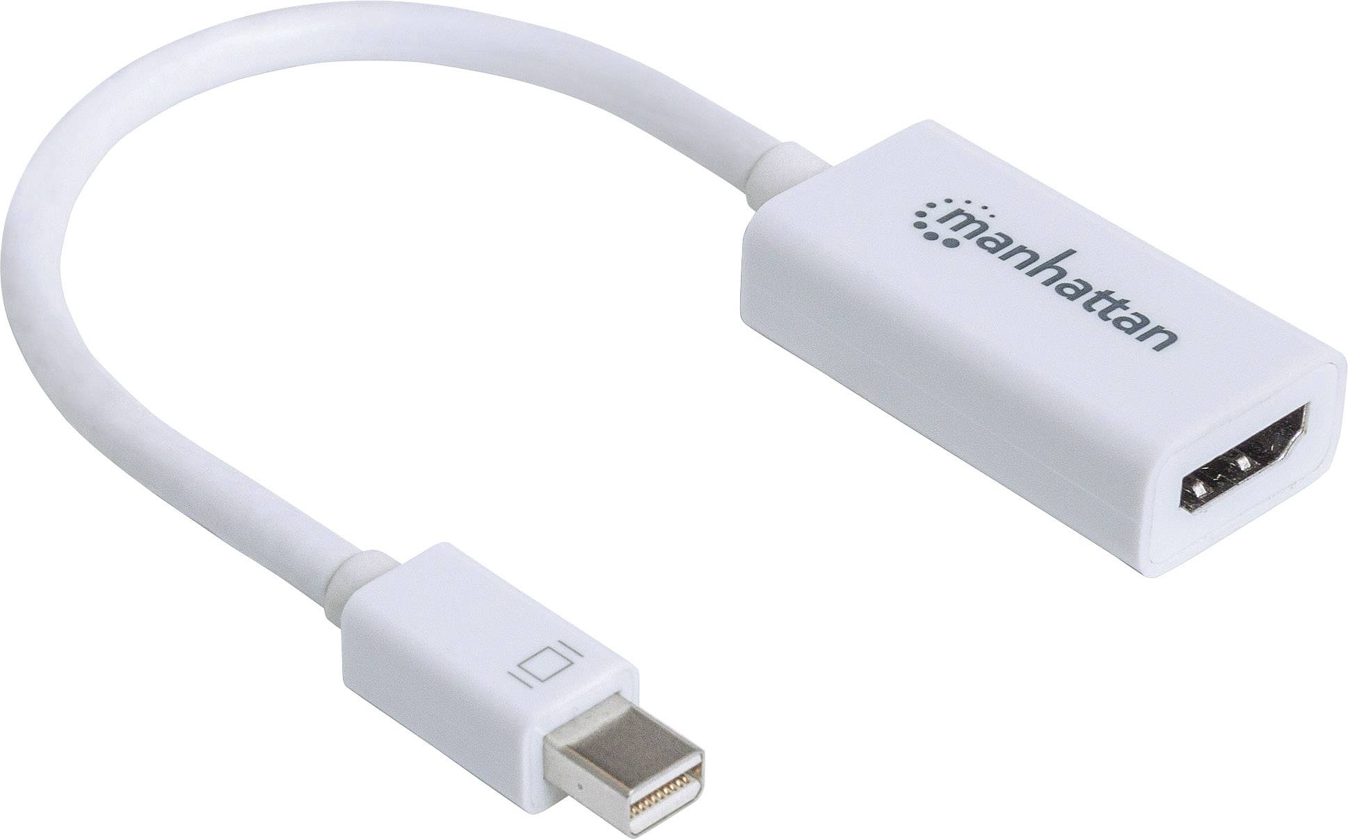 Un adaptateur blanc relie un port Mini-DisplayPort à un port HDMI, adapté pour la transmission de signaux vidéo et audio.